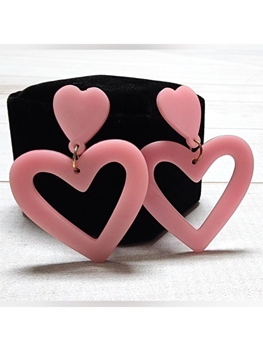 Double Heart Acrylic Pink Heart Earrings - New